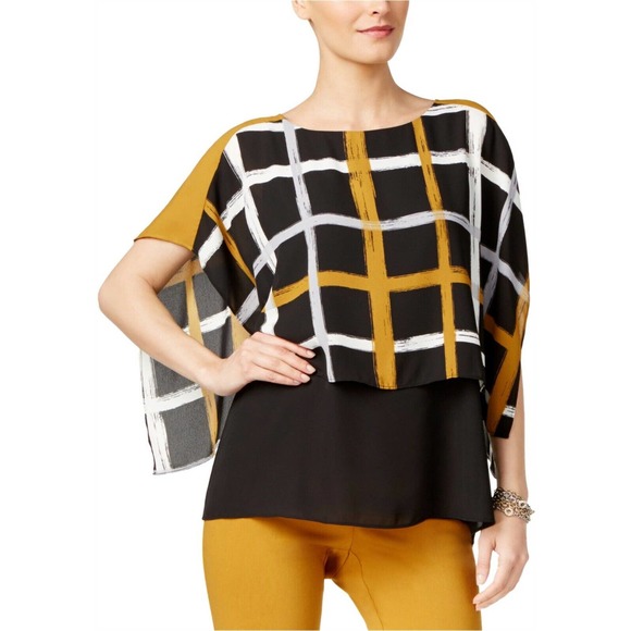 ALFANI LADIES BRUSH STROKE PLAID KIMONO SLEEVE BLOUSE, NWT BLK, NWT! - Picture 1 of 4